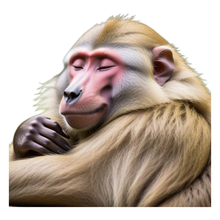 Meme-Worthy Cute Sleeping Baboon Portrait Emoji, Head resting peacefully with a contented smile, showcasing a robust build and a luxuriously soft Fur of earthy browns, eyes shut in a serene, restful nap, Simplified yet hilariously adorable features, highly detailed, glowing with a soft, drowsy light, high shine, relaxed and utterly lovable, stylized with an air of playful laziness, bright and heartwarming, soft glowing outline, capturing the essence of a comically sleepy baboon, so meme-worthy it feels like it could instantly become the next viral sensation of adorable slumber! sticker