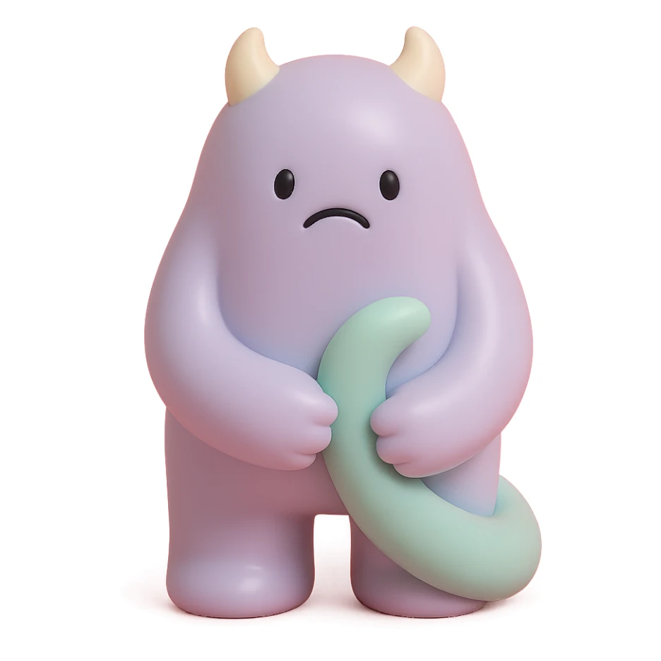 small monster with drooping shoulders, holding its own tail, gentle lighting, subtle colors, toy-like vinyl figure style sticker