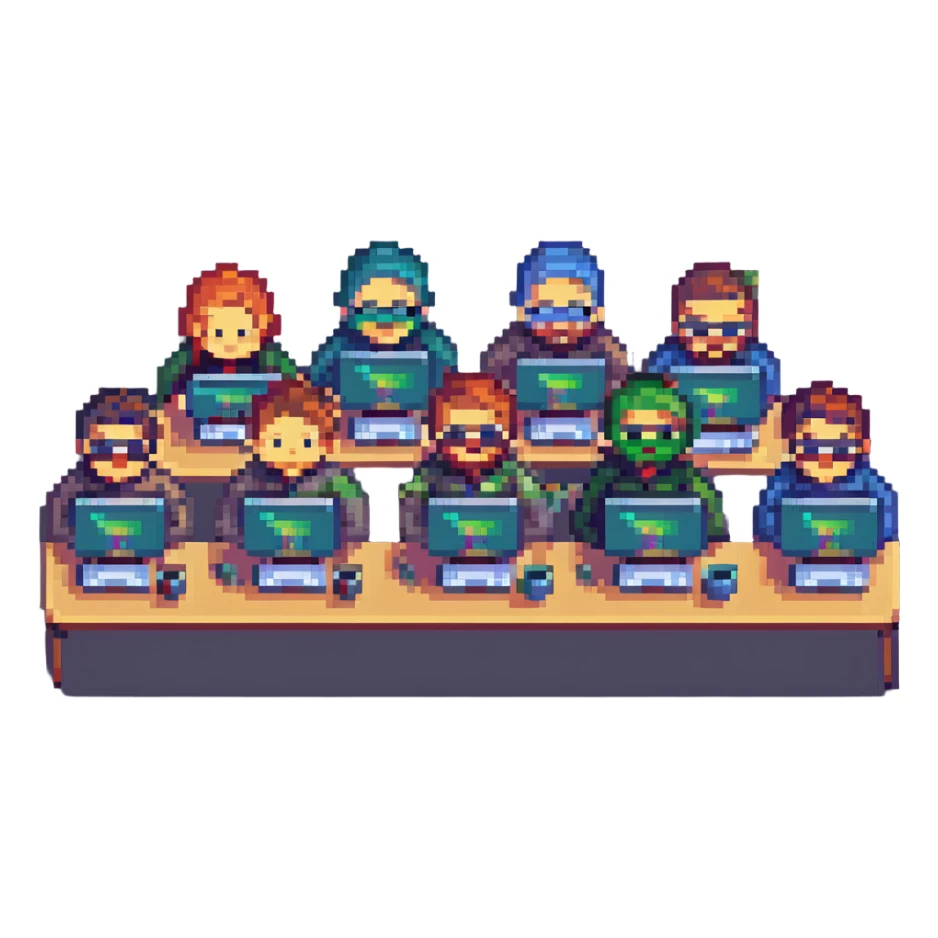 pixel art of a group of frontend developers with laptops, coding together, community vibe sticker