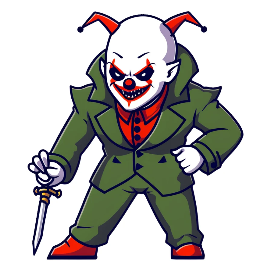evil clown warrior, bald, small black satan-like horns on forehead, fangs, pointed ears, eye patch over one eye, long coat over black and military green leisure suit with bellbottom pants, realistically proportioned, less bulky, full body, battle-ready fighting posture sticker