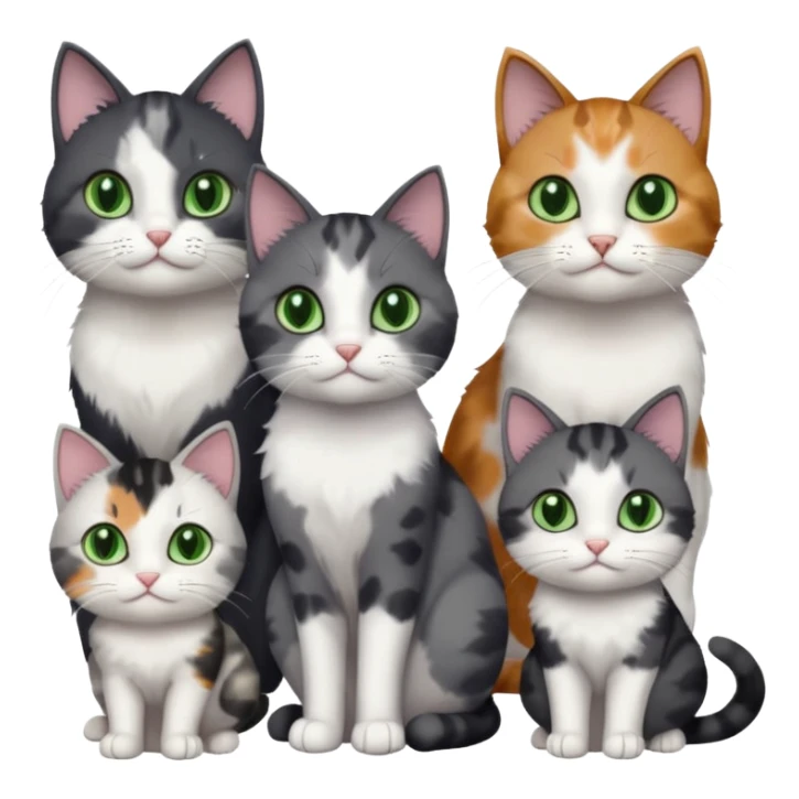 3 different coloured small cats including a dark grey and white, and a patchy calico and a completely solid dark grey with green eyes and only white paws sticker