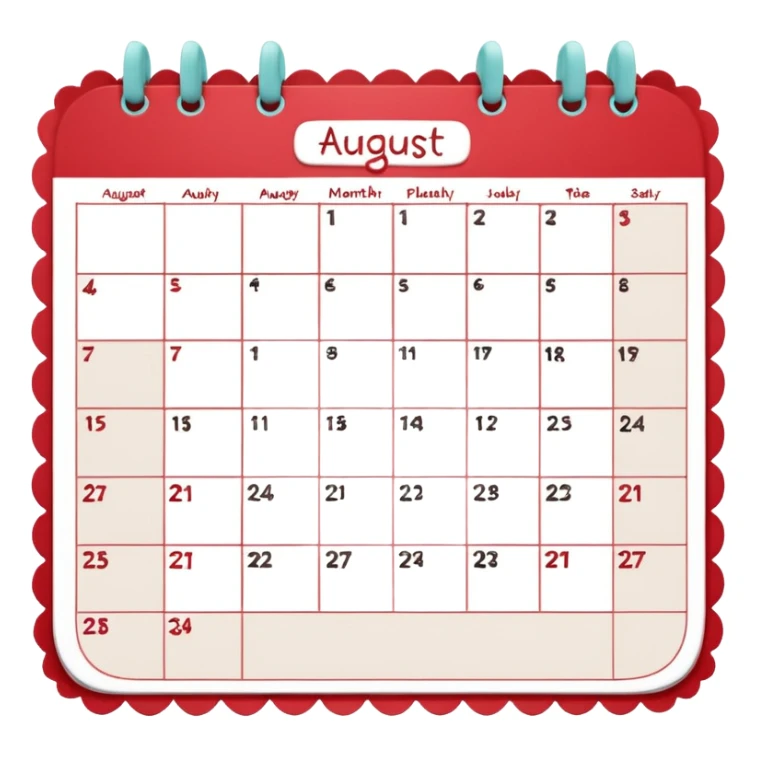 a monthly calendar labeled “August,” with rounded square date boxes, scalloped border frame, playful red doodle lines, and a cozy planner vibe. Minimal kawaii style, flat pastel color palette, slightly imperfect sketch lines, centered object, no background sticker