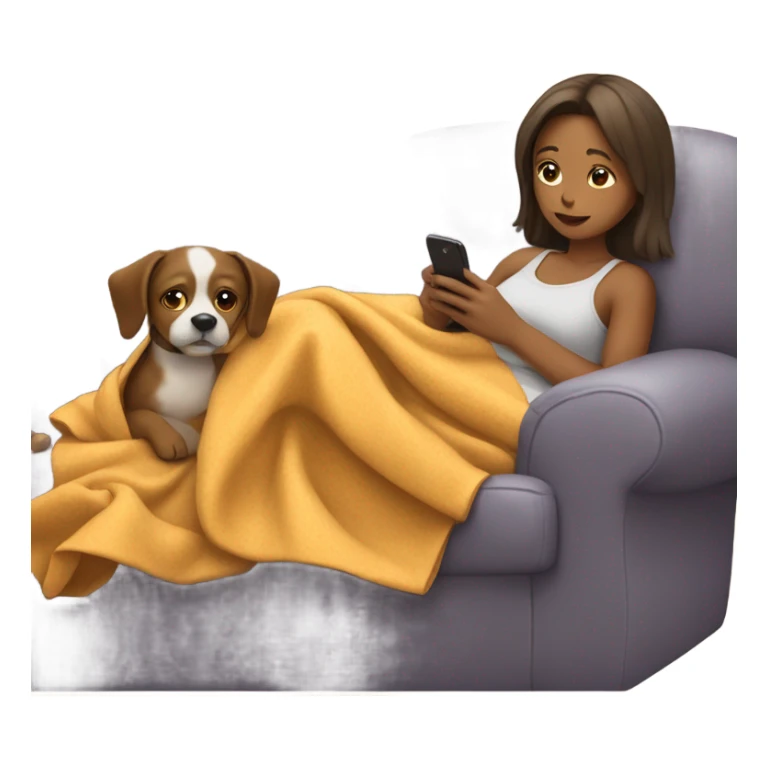 Girl laying on coach with blanket while looking at phone with dog on lap sticker