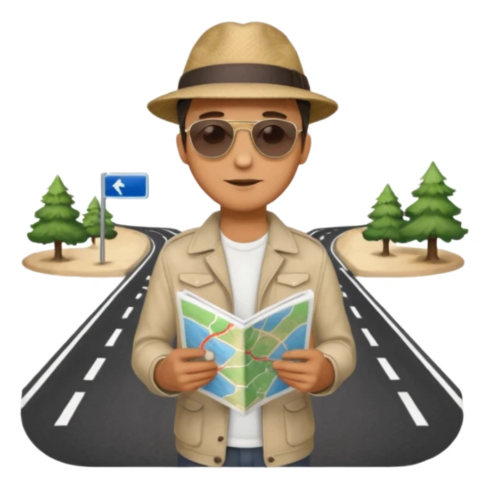 A man stands on a road with a map. There are 3 paths ahead. sticker
