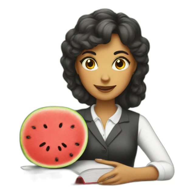 kat  teacher with a book and a watermelon sticker