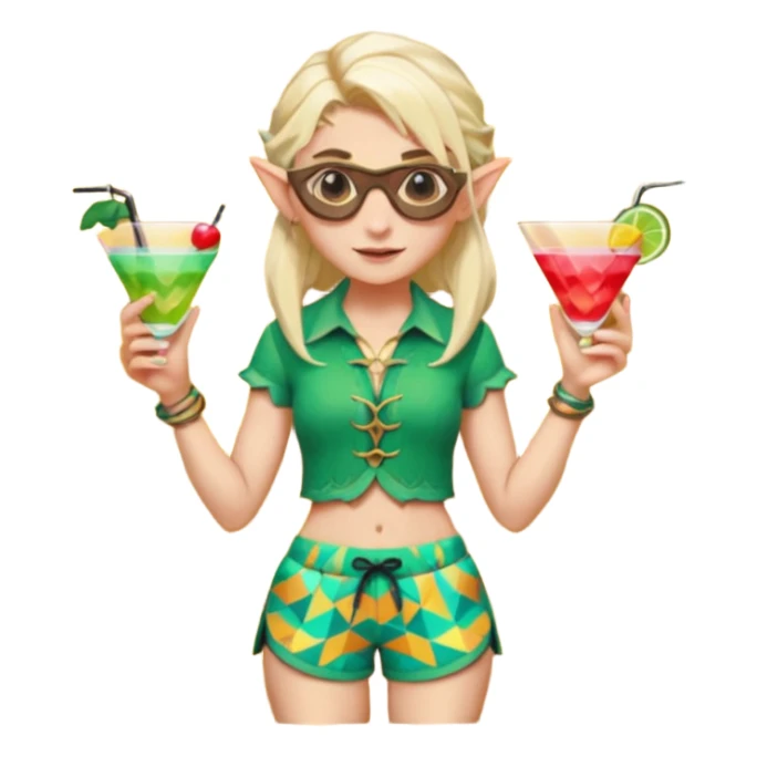 elf female legolas portrait, patterned board shorts (geometric/abstract), unique wooden-framed sunglasses, undercut hairstyle, slight smirk, visible pointy ears, no background, centered emoji, hipster summer vibe coctails  sticker