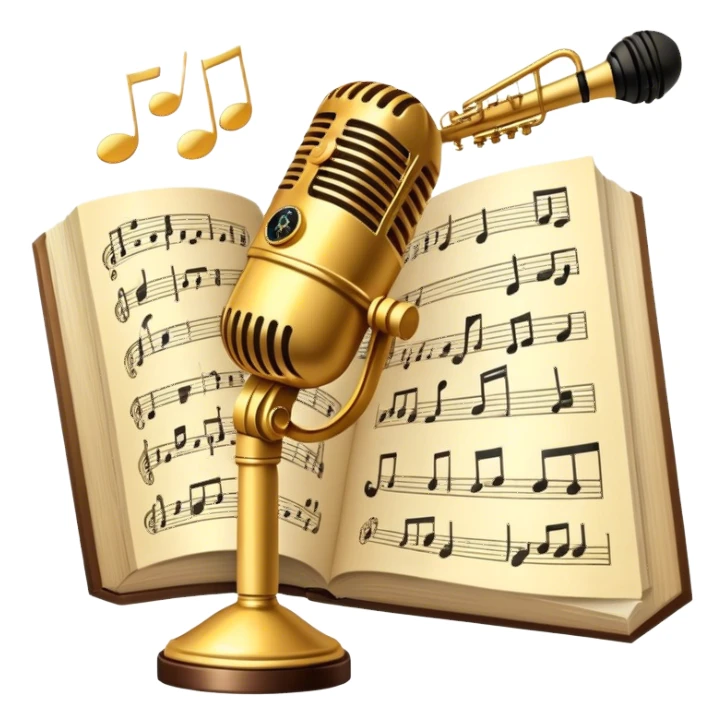 Create an elegant and refined emoji that represents classical or academic vocal performance. The design should feature a microphone, sheet music with musical notes, and a treble clef to symbolize the vocal artistry and music theory behind academic singing. Add subtle elements like a vocal warm-up chart or a grand piano to reflect the classical training. Use classic colors like gold, silver, and deep blue to emphasize sophistication and professionalism. The background should be transparent. sticker