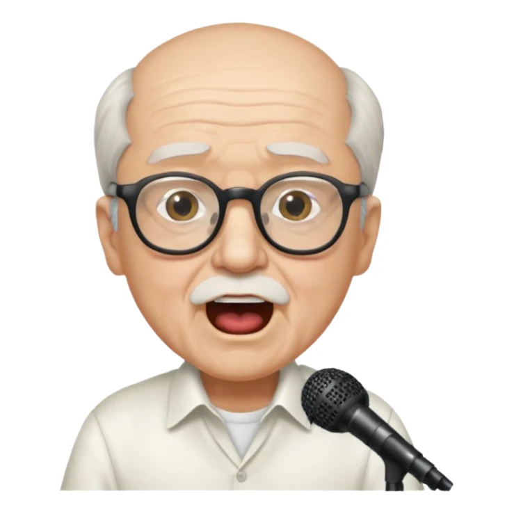 singer, Old man, singing to mic, white shirt glasses sticker