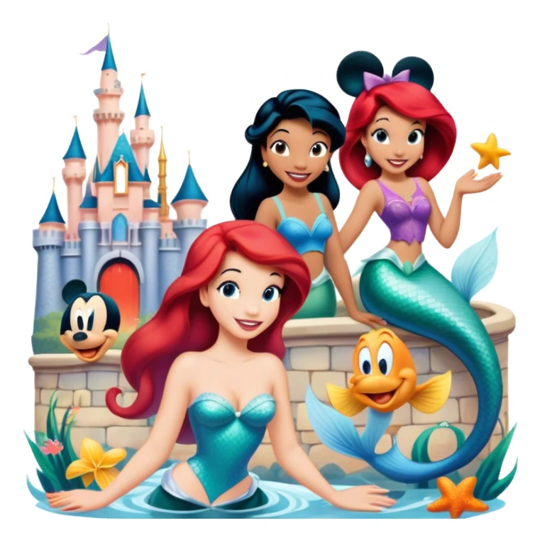 A vibrant collage featuring iconic characters like one Goofy, one Mickey Mouse, one Ariel the Little Mermaid, one Jasmine and one Franco. Each character should be large and bright, set against a cheerful and playful background with Disneyland. Transparent background. sticker
