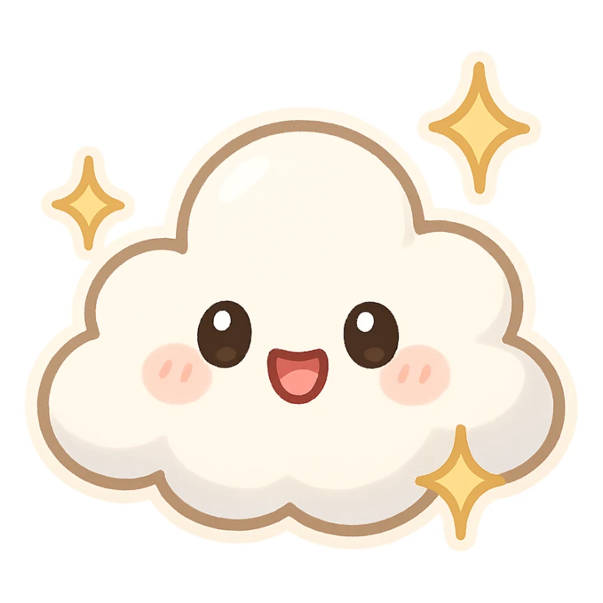 chibi sticker-style cloud with sparkles, cute and exaggerated sticker
