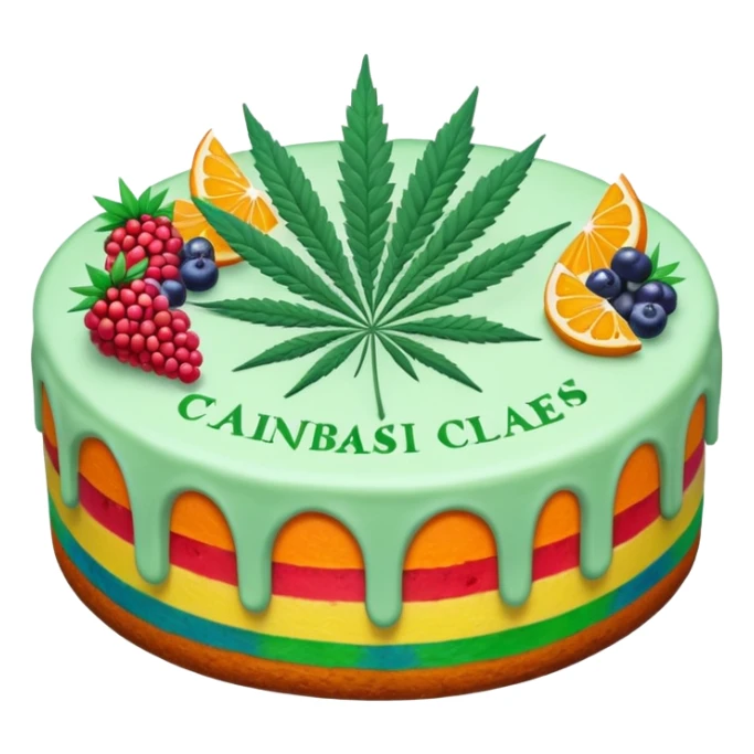 colorful frosted fruit cake with cannabis leaf sticker