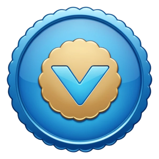 A blue scalloped circle with a verified thing sticker