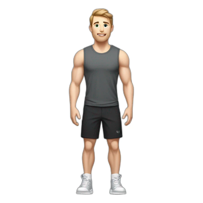Full height Actively gesturing with hands Pale skinned Fit Man With the biceps and brown hair in dark gray Sleeveless Mike, black oversize sports shorts and white Sneakers sticker