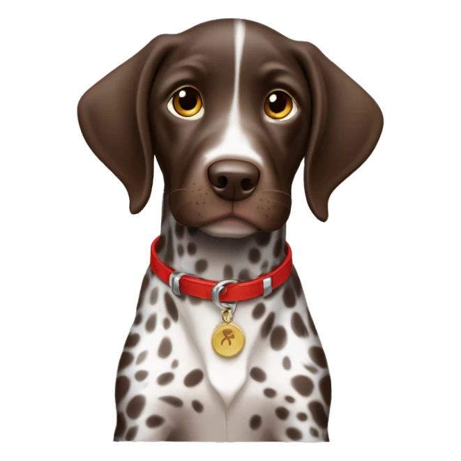 Brown spotted German short haired pointer puppy with ticking with red collar  sticker