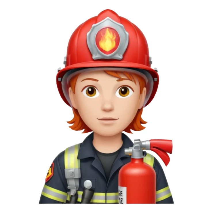 red haired Firefighter with respiratory protection with fire extinguisher sticker