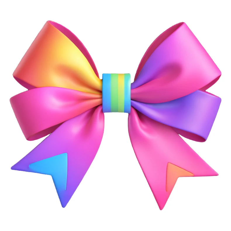 3D emoji style pink bow with iridescent rainbow highlights sticker