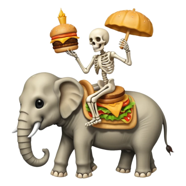 Skeleton Rider on elephant, eating burger. sticker
