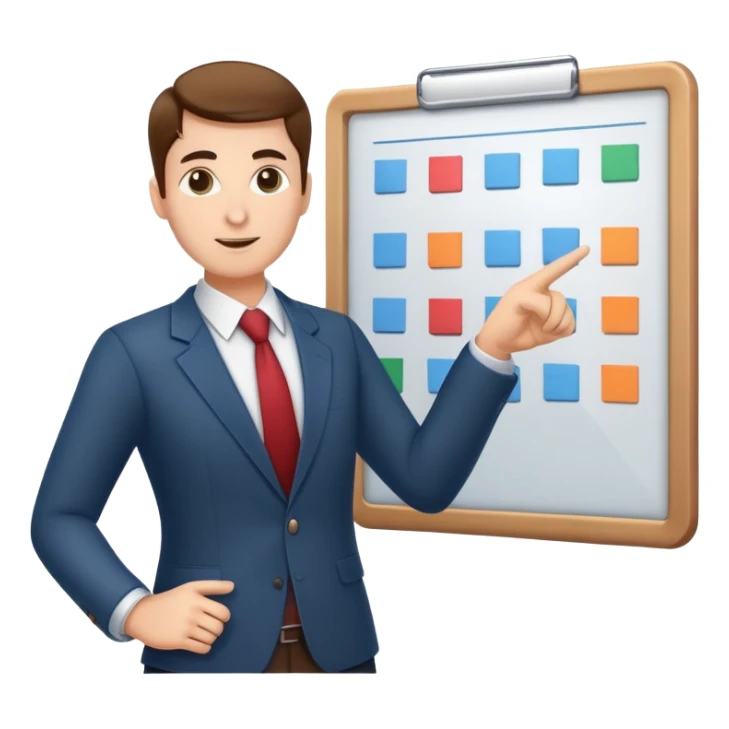 professional figure pointing at a task board or flowchart. The character wears business casual clothing sticker