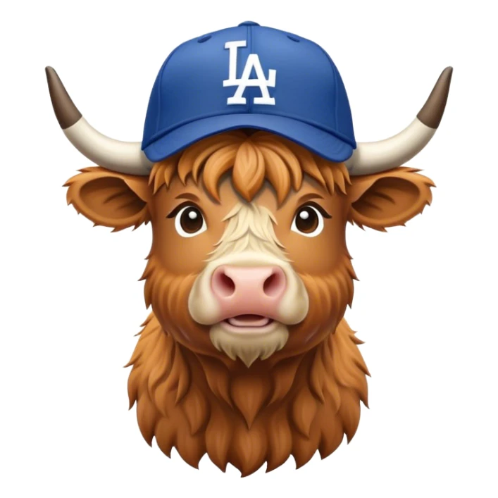 Highland cow wearing a dodgers hat sticker