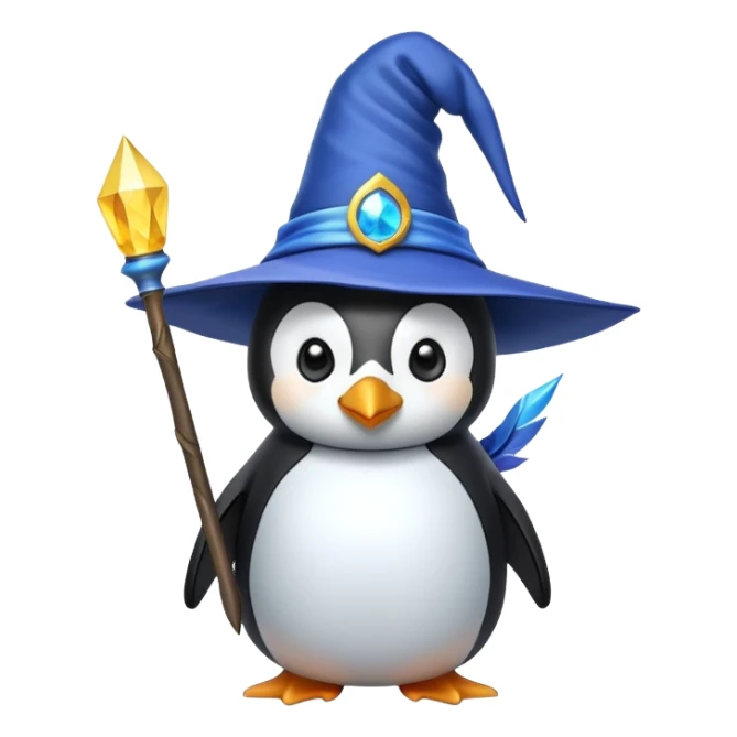 Penguin wearing a wizard hat and holding a magic wand sticker