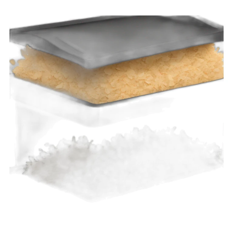 Black cubic plastic container with wood shavings inside sticker