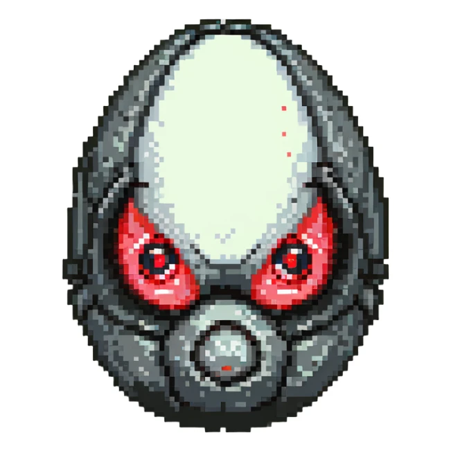 a strange transparent alien egg with a visible creature inside, embryonic, fetal shape creature, 3 glowing red eyes, illuminated from above sticker