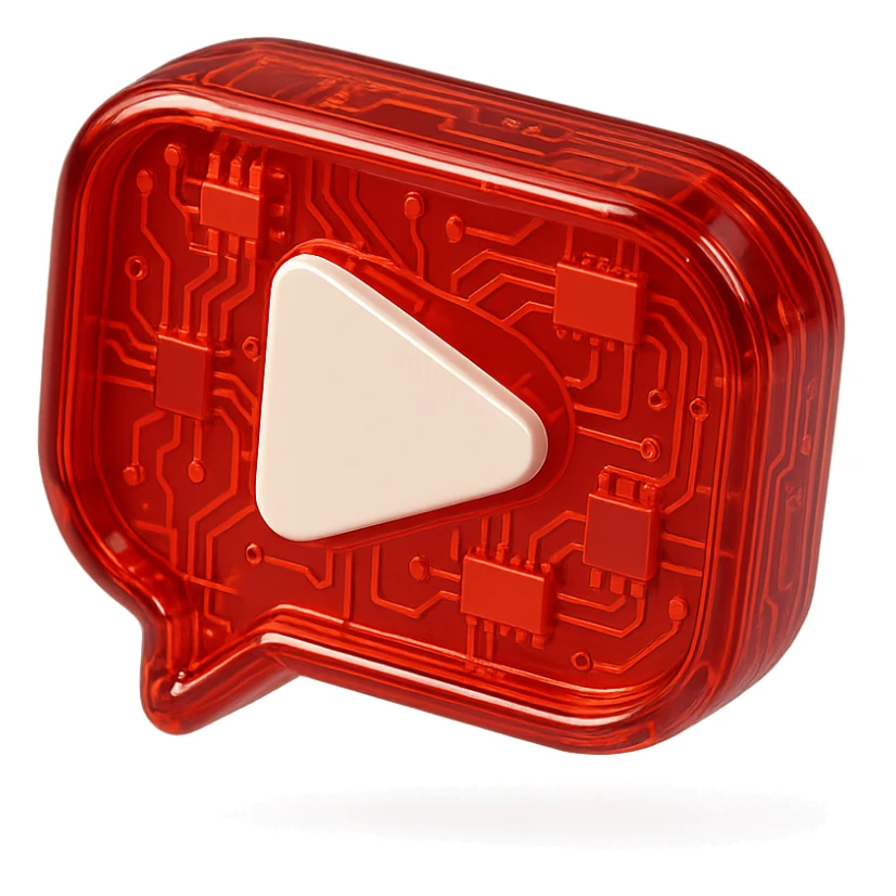 red speech bubble with inside a big red YouTube white play button, very glossy circuit style, transparent sticker