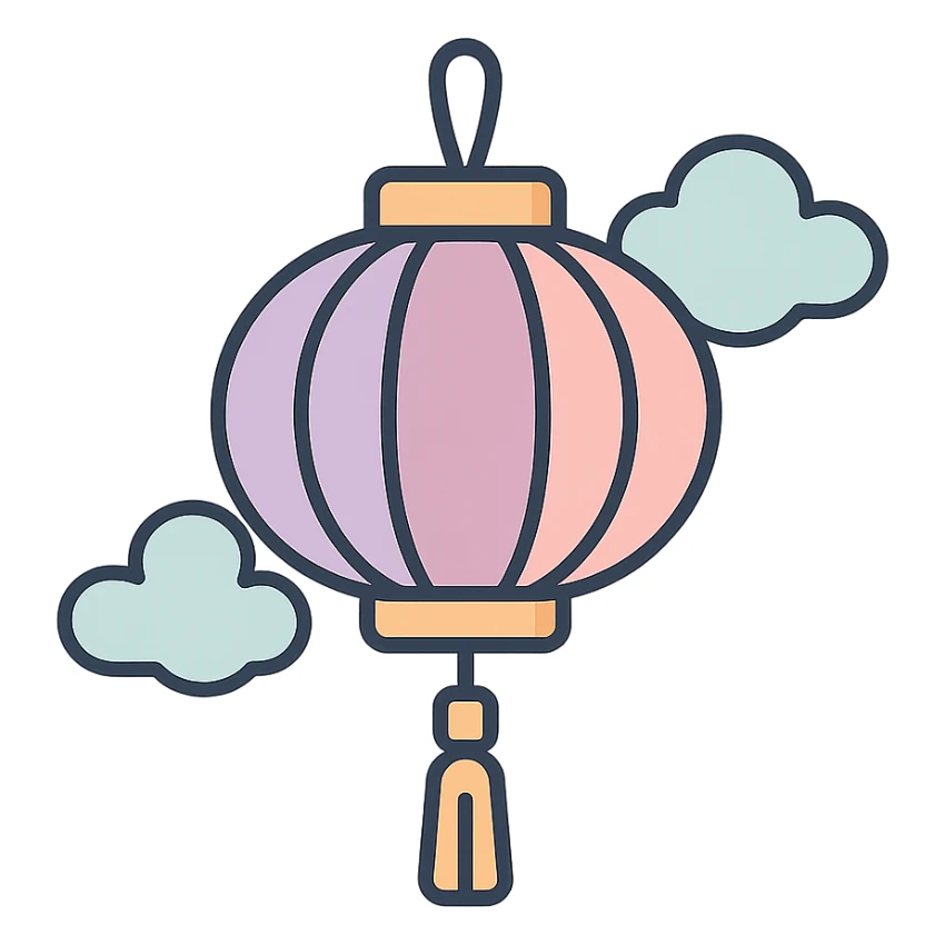 Chinese lantern with tassel and clouds, thin clean outlines, soft rounded shapes, pastel palette #98B5BC, #B5B3C1, #C9A3C9, #E4C0CA, #F7DCD1, #F7C0AA, modern Japanese pop art and sticker aesthetic, detailed shadows and highlights, soft lighting, transparent background sticker