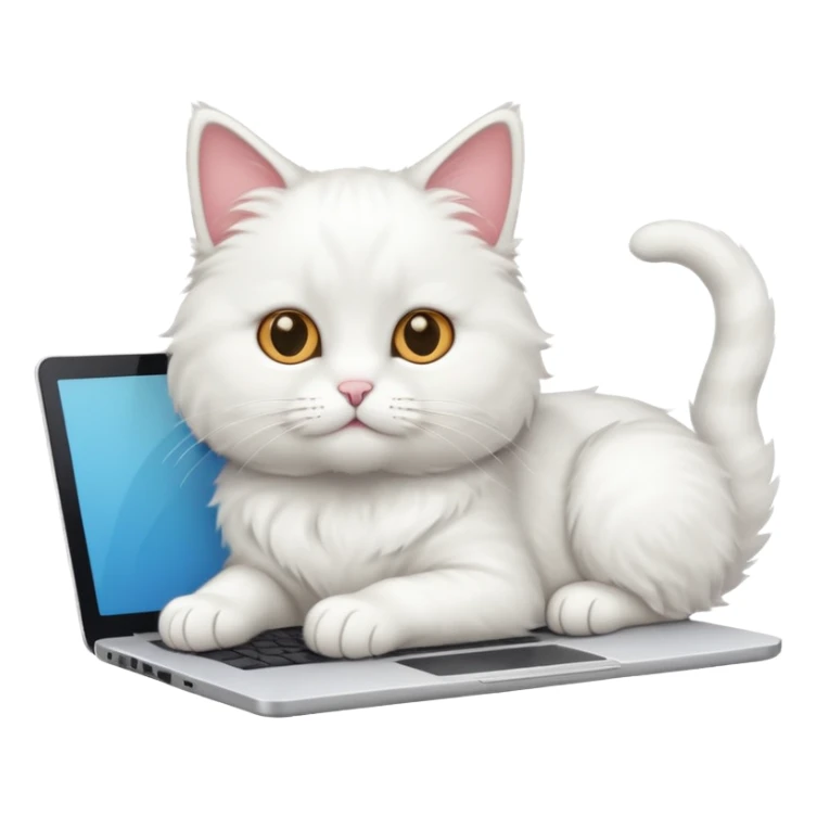 white cat laying on a bed, using a laptop, minimal details sticker
