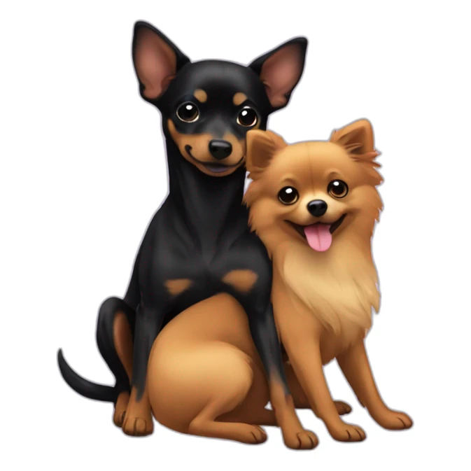 Black German mini pinscher hugging a pomeranian sticker
