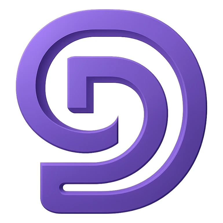Create a modern, minimalist, abstract intertwined 'GD' icon with a subtle 3D effect. The design should be a monotone silhouette in a single purple shade, suitable for a tech brand, with a transparent background. Focus on an elegant and sleek look that conveys innovation and sophistication. sticker