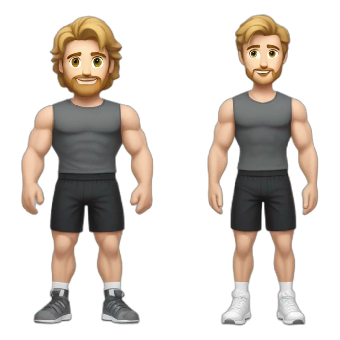 Full height Actively gesturing with hands Pale skinned Fit Man With the biceps and brown hair in dark gray Sleeveless Mike, black oversize sports shorts, Wrist watch and white Sneakers sticker