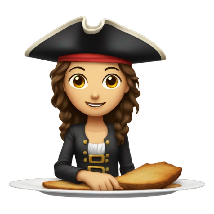 Brunette girl on platter with pirate hat sticker