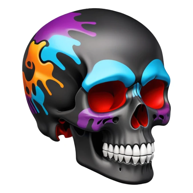 smooth black skull with vibrant graffiti paint contained within the skull shape, brand logos inside skull outline only, side view sticker