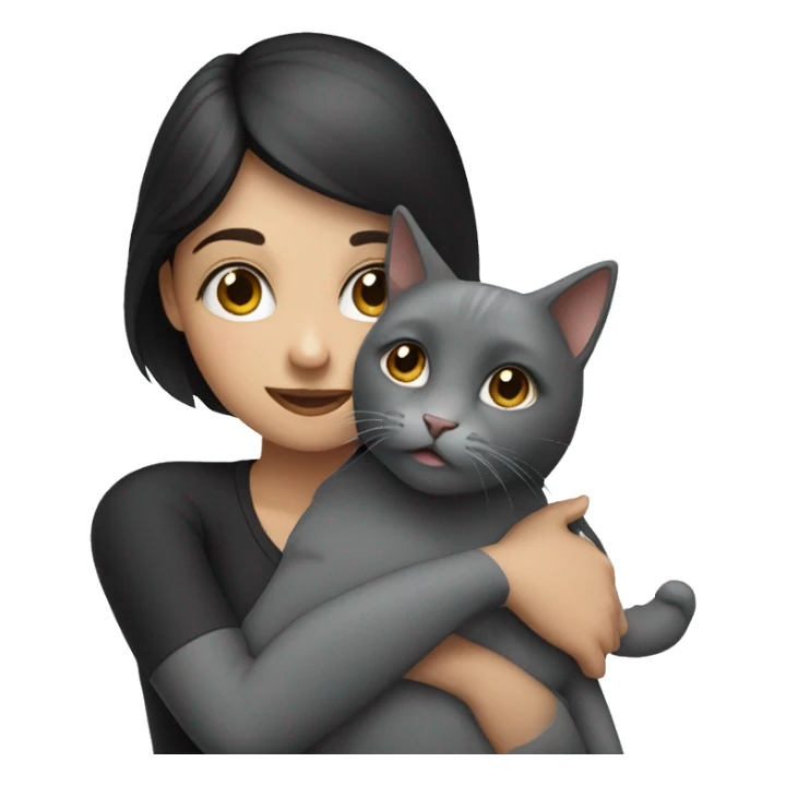 dark haired girl hugs gray cat sticker
