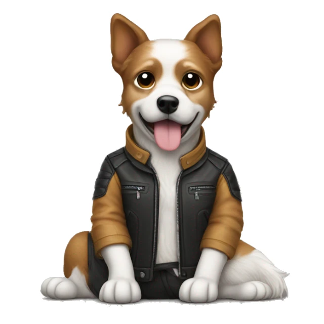 working with laptop small dog wearing moto jacket sticker