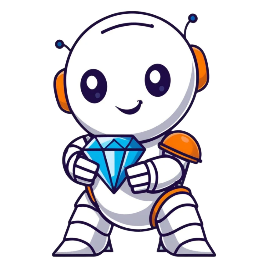 smiling robot holding a blue diamond sticker