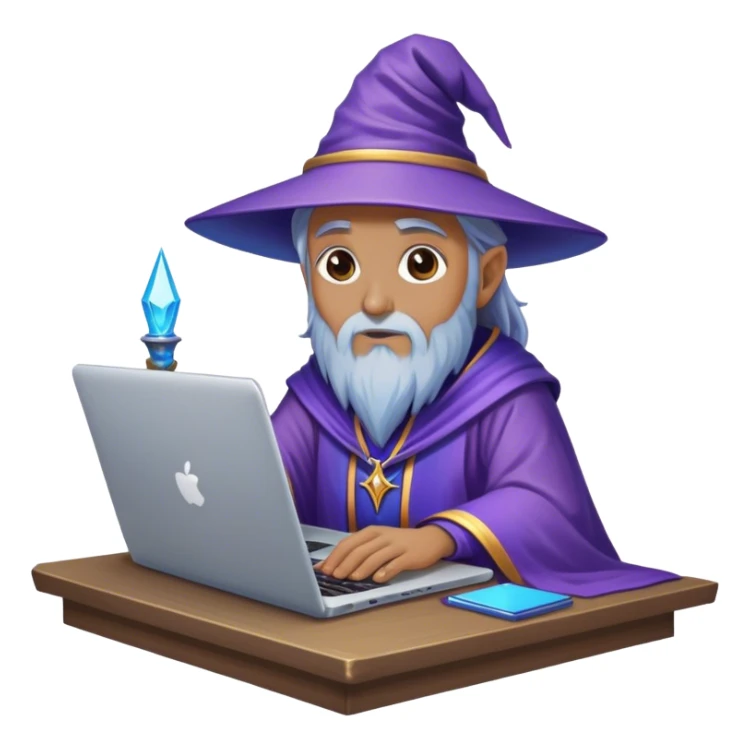 wizard behind a table, on which is a laptop, blue and purple sticker