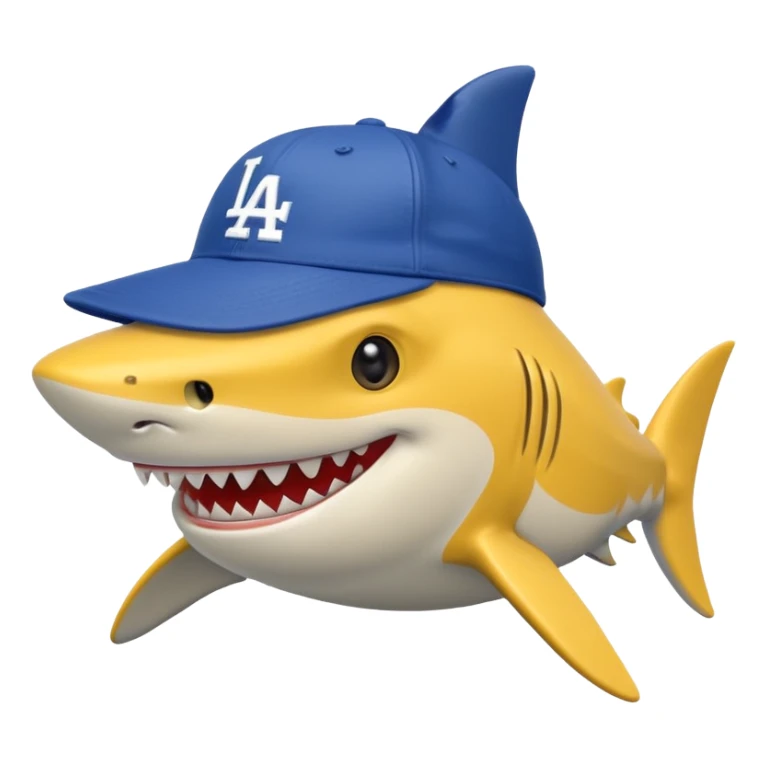 A yellow shark with a L a dodgers hat on sticker