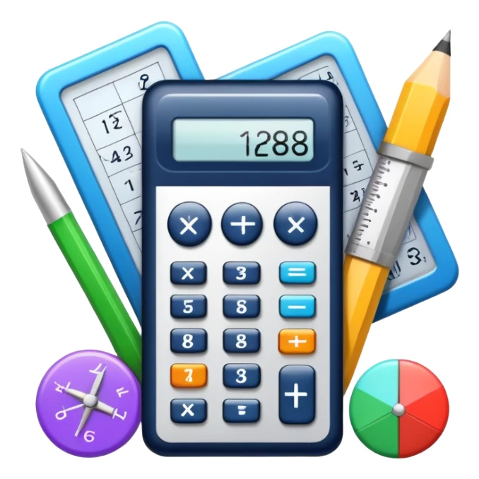 An icon featuring mathematical formulas, a calculator, and geometric shapes, symbolizing mathematics. The design includes numbers, a ruler, and a compass, representing the study of numbers, logic, and equations. Transparent background highlights the science of calculation and analysis sticker