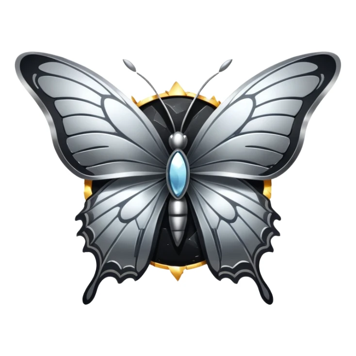 A silver butterfly with shattered wings over a black sun. sticker
