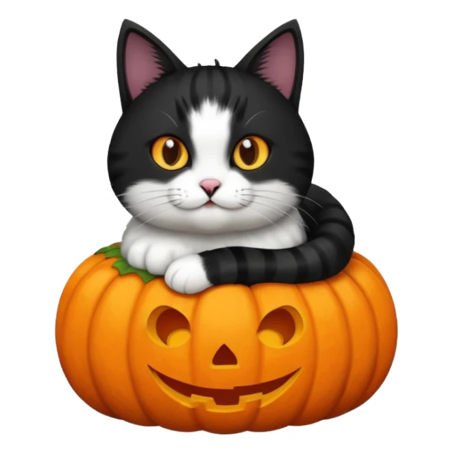 Fluffy black and white cat in a pumpkin sticker