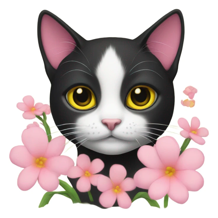 Black cat yellow eyes with pink flowers  sticker