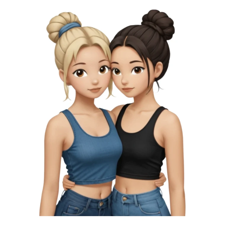 Pose: Two girls hugging forehead to forehead. Both are slim and look very close. 	•	Girl 1 	•	Hair: black, tied up in a bun. 	•	Outfit: long shiny jeans and a crop tank top. 	•	Girl 2 (Viksi): 	•	Hair: dark brown, long down to the waist, worn loose. 	•	Outfit: short leggings and a crop top. sticker