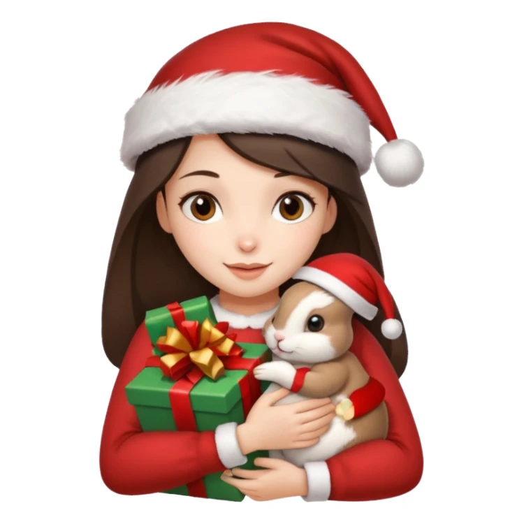 Brunette hugging one beige rabbit christmas sticker