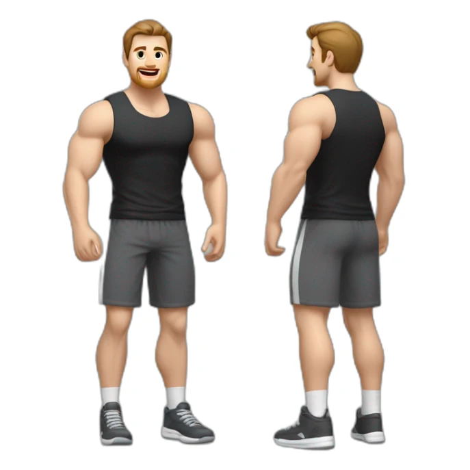 Full height Actively gesturing with hands Pale skinned fit man With the biceps and brown hair In dark gray sleeveless mike, black oversize sports shorts, watch and white sneakers sticker