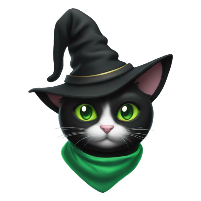 Black cat with green eyes and a wizard hat sticker