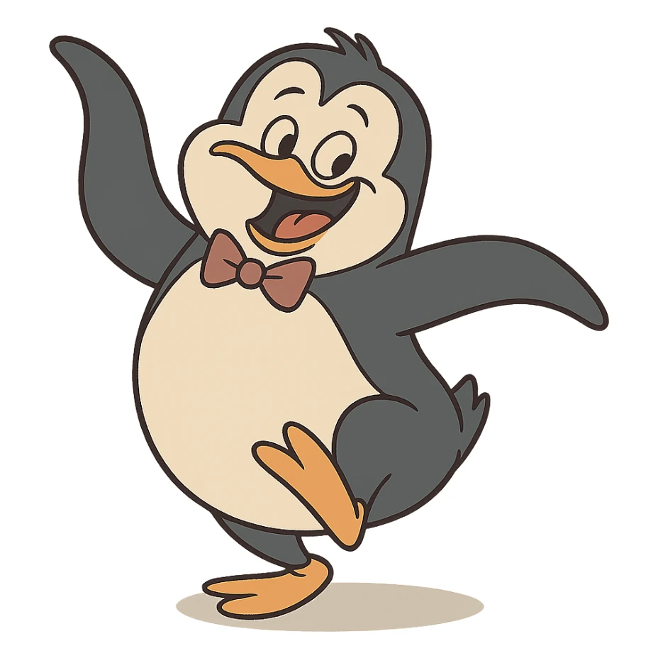 a penguin doing a silly dance with a bowtie, cartoon style sticker