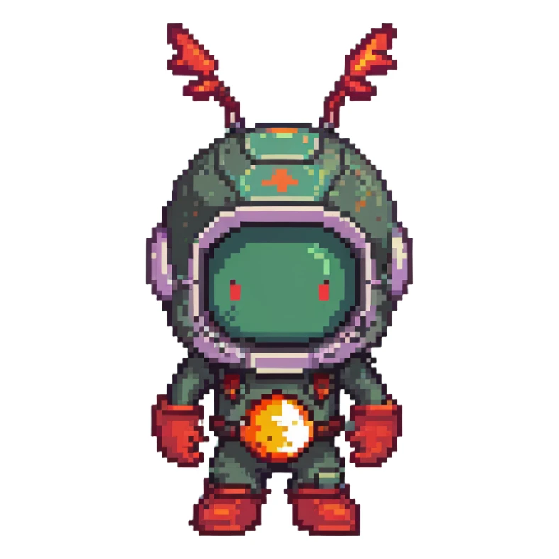 Red bomberman character, round helmet with antenna, fiery design elements, determined expression, pixel art style sticker