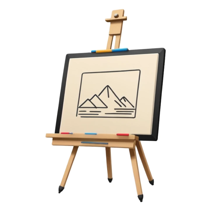 Minimalistic flat vector icon, iOS style, thin black contour on white background. Easel holding a canvas with simple sketch lines, pencil beside it. No text, no shadows sticker